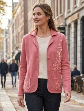 Olsen Europe Womens Quiet Lux Pink Merino Wool Blend Embroidered Cardigan Size M